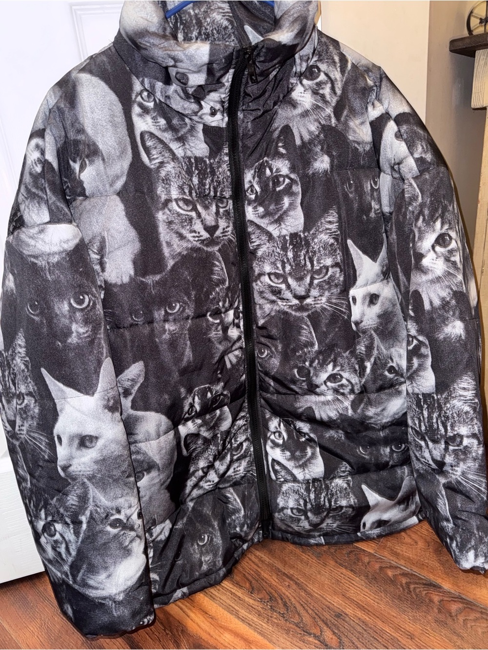 Cat Print Puffer Jacket in Black & White